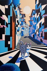 A stray cat in a busy street as op-art illustration made with Generative AI
