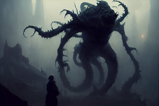 Huge Black Horror Creature Standing In Front Of Human.