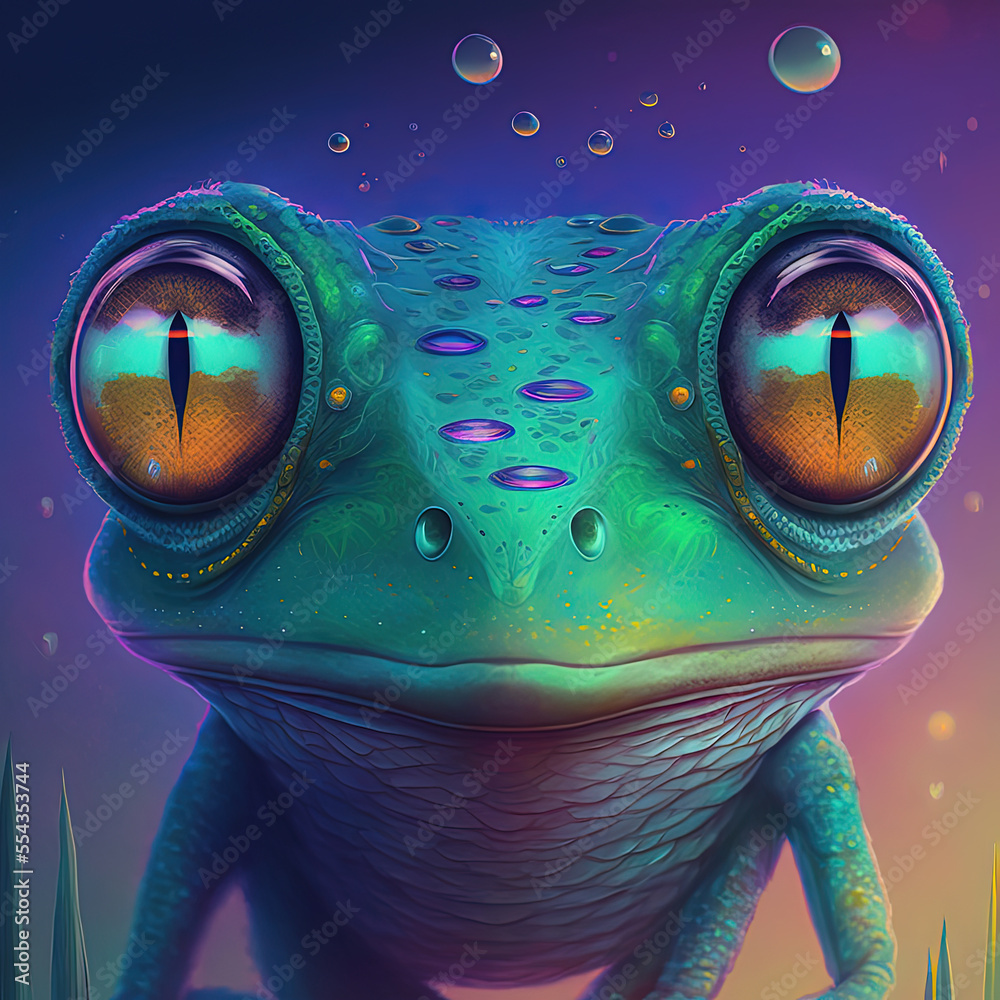 Wall mural neon iridescent psychedelic frog. generative ai. not based on any