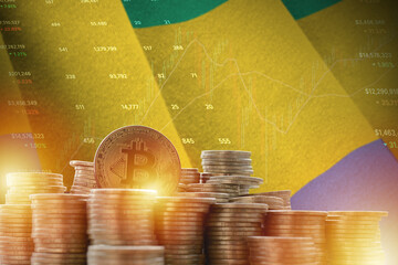 Gabon flag and big amount of golden bitcoin coins and trading platform chart. Crypto currency...