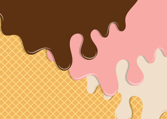 Chocolate Ice Cream with Strawberry and Vanilla Melt On Waffle background sweet ice cream background vector.