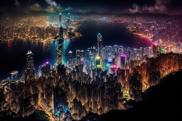 Beautiful nighttime panorama of Hong Kong Island in China. View of the city at night from Victoria Peak reveals a rainbow of colourful lights. Generative AI - obrazy, fototapety, plakaty