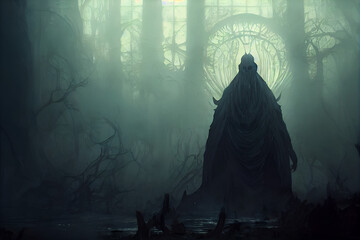 Dark person standing in spooky area.