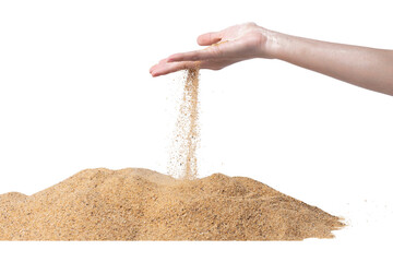 Hand releasing dropping sand. Fine Sand flowing pouring through fingers against white background....
