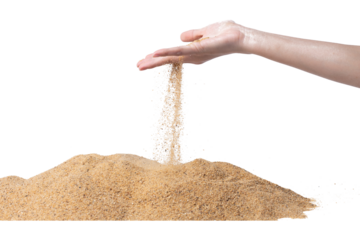 Hand releasing dropping sand. Fine Sand flowing pouring through fingers against white background. Summer beach holiday vacation and time passing concept. Isolated high speed shutter