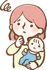 困り顔をする主婦と赤ちゃん　イラスト
