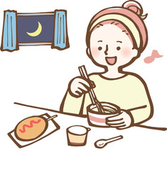 夜食を食べる女性　イラスト