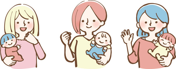 赤ちゃんを抱っこする女性たち　ママ　イラスト