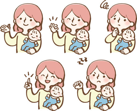 主婦と赤ちゃんの表情セット　イラスト