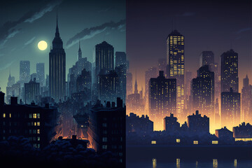 Dawn and dusk contrasting slices across anonymous cityscapes. Illustration, generative ai