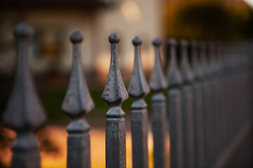 Beautiful iron fence on sunny day outdoors, closeup
