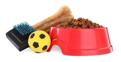 Toy ball, brush and food for pet isolated on white
