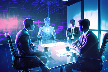 A group of businesspeople in a meeting that includes holographic projection of a remote person attending. generative ai