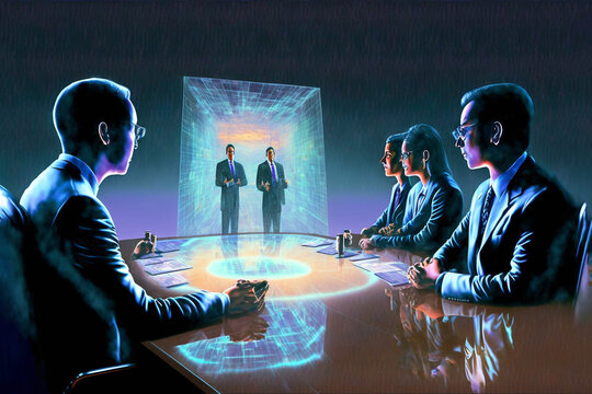 A Group Of Businesspeople In A Meeting Listening To Two People Presenting Via Holographic Projection. Generative Ai