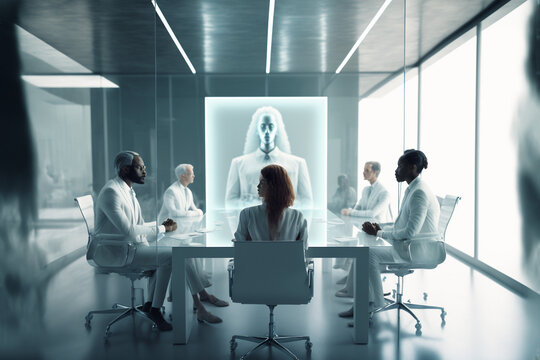 A group of businesspeople at a conference room table that includes a holographic projection of remote person. generative ai