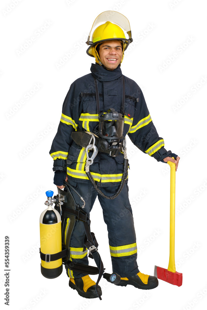 Wall mural Full body young smiling African American man in uniform of fireman with breathing air cylinder apparatus and full facepiece respirator, and axe in hand. Isolated on white background