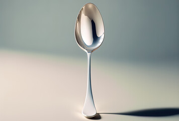 a spotless, gleaming metal spoon, set off on white. Generative AI
