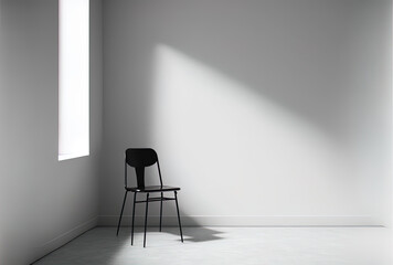 A chair is in the room with a blank white wall background. Generative AI