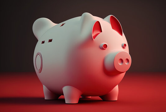 piggie bank filled with dollars. White piggy bank with a red backdrop depicting finance and saving money. . Generative AI