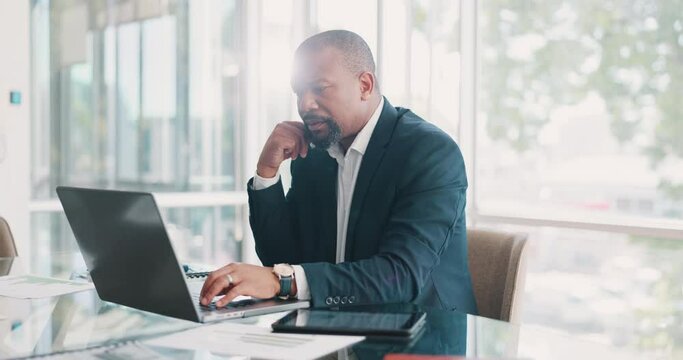 Black businessman, thinking or laptop typing in financial planning office, investment company or insurance loan startup. Mature manager, ceo or finance leadership, technology or fintech data software