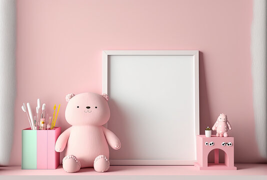 Mockup blank picture frame in pink kid's room. Generative AI
