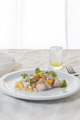 Ceviche, typical fish-based dish of Peruvian cuisine with copy space.