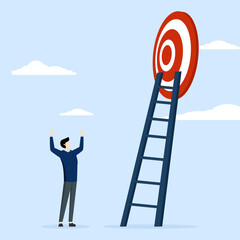 Employees express joy after finding the path to the goal. Stairway to success, Stairway to Red target, business target bullseye, Flat Design illustration.