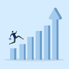 Confident businessman jumping up bar graph with up arrow as ladder of success. Economic prosperity, business profit growth or career path and income increase concept.