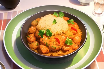 Fototapeta na wymiar Delicious Indian Biryani Asian Food In Anime Style Digital Painting Illustration
