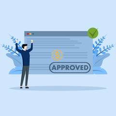 credit approval illustration concept. Characters with good credit scores, receive loan approval from the bank. Personal finance concept. Vector illustration.