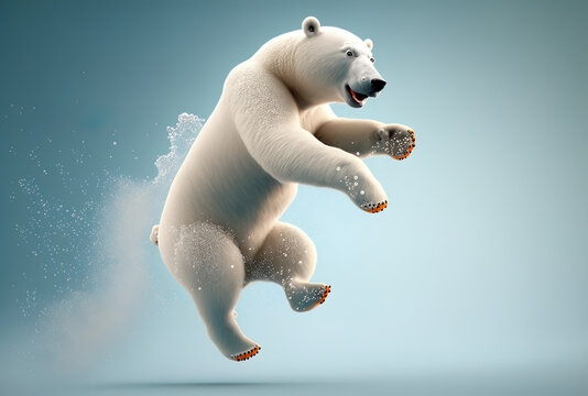 Jumping image in ed Cartoon figure of a polar bear. Generative AI