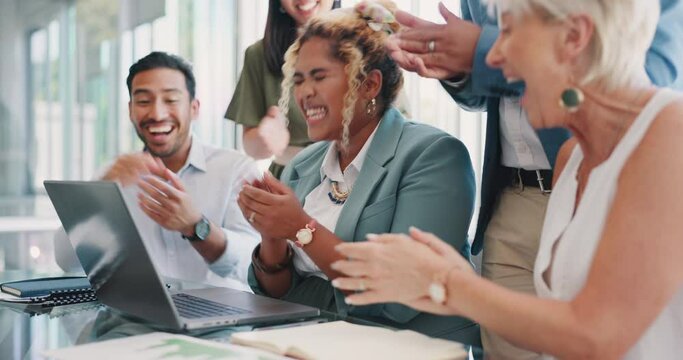Business people, laptop or success clapping in office finance deal, company financial investment or b2b collaboration partnership. Smile, happy or excited workers applause on fintech bank technology