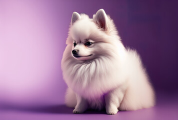 Obraz premium Pomeranian dog in white resting against a purple backdrop. adorable tiny spitz Text placement. Generative AI