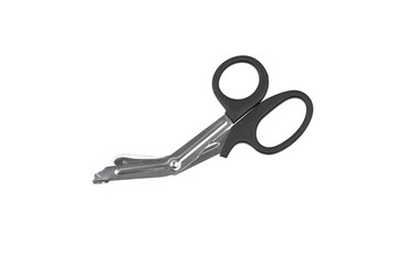Medical metal scissors with black plastic handles. Paramedic tool. Isolate on a white back. - obrazy, fototapety, plakaty