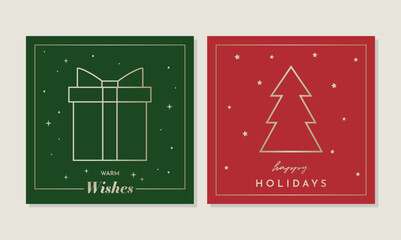 Holiday Set Of Two Square Greeting Cards. Elegant Golden Graphics On Green And Red Background. 