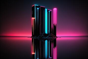 futuristic abstraction of blue and pink neon light, with a reflection of the light in the water, on a black backdrop. empty neon stage with moving lights. Generative AI