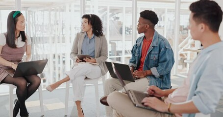 Meeting, planning and collaboration with a business team in the boardroom for research or innovation. Laptop, strategy and teamwork with a man and woman employee group at work together in the office