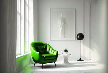 A contemporary white room with a green armchair against the wall. Generative AI
