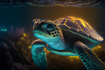 Fototapeta premium Sea turtle swimming in the Ocean, Digital Illustration, Concept Art