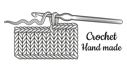 Crochet knitting, crocheting hook with cotton or wool yarn thread, hand knit pattern line icon. Needlework accessory. Knitted knitwear clothes, handmade textile. Creative craft hobby, workshop. Vector