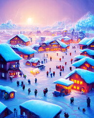 Christmas Snow Village - Retro Illustration
