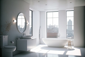 Fototapeta na wymiar Interior of a white bathroom with a concrete floor, a white bathtub, and two sinks. contemporary furnishings, a view of the city, and a little bathroom with no people. Generative AI