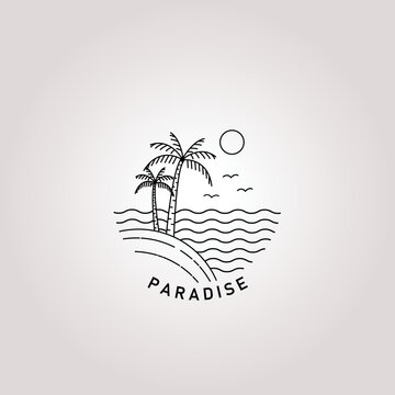 Tropical beach logo monoline style design, Vacation beach logo monoline style design summer palm tree vector logo