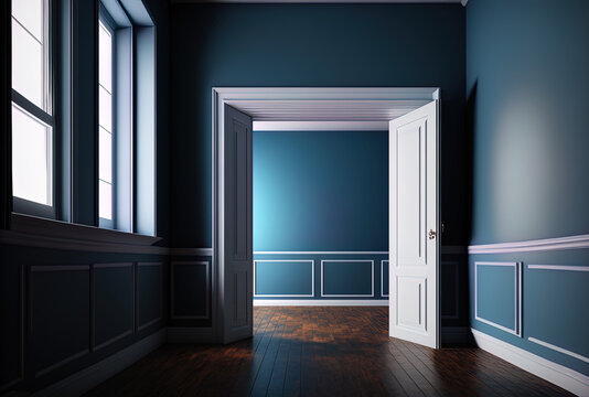 Interior of an empty room with deep blue walls and a dark floor. Renovation and fresh beginning concept. Mock up. Generative AI