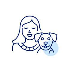 Smiling girl with her puppy. Pet friend. Pixel perfect, editable stroke line art icon