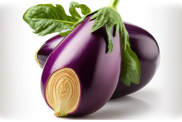 Fresh, organic purple eggplant aubergine, with selectable focus and copy space, isolated on white. Generative AI