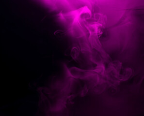 Abstract background of chaotically mixing puffs of purple smoke on a dark background