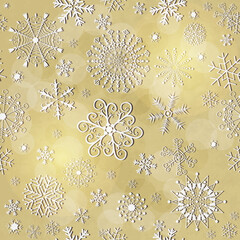 Old golden Christmas paper with snowflakes and stars. Postcard, frame, background, seamless pattern, vector image