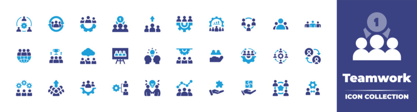 Teamwork icon collection. Duotone color. Vector illustration. Containing teamwork, team work, collaborate, team management, improvement, coworker, analytic, problem solving, solution, team, and more.
