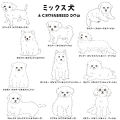 かわいい人気のミックス犬　手描き線画ベクターイラストセット